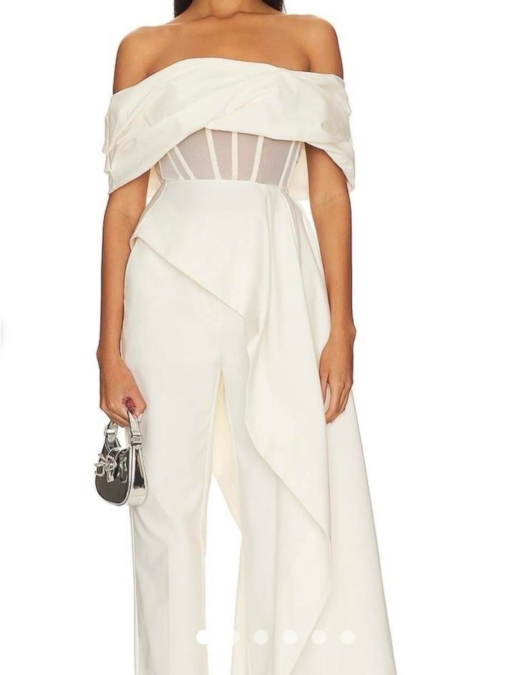 NWT NBD Off-Shoulder White Wide-Leg Jumpsuit with Draped Overlay